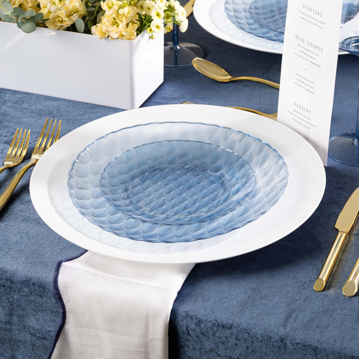PLASTICPRO 32 Pack Plastic Dishes Set of 16-10 inch Plates and 16-7 inch Plates, Elegant Translucent Blue Disposable Fancy Tableware Premium Heavyweight