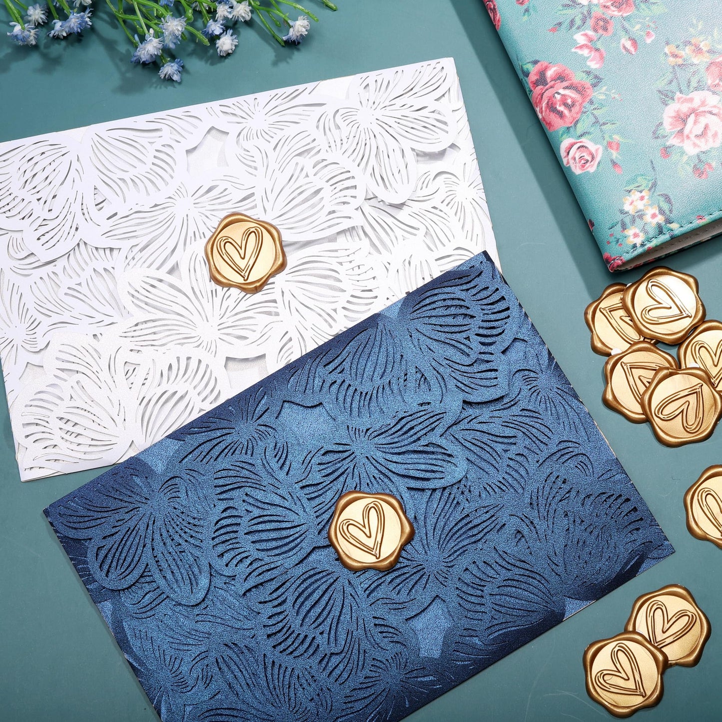 Yoption Bronze Gold Heart Wax Seal Stickers, 50 Pack, Waterproof, Retro, Heart Stickers for Wedding Invitations, Party Invitations, Cards, Gift Wrapping, Envelopes
