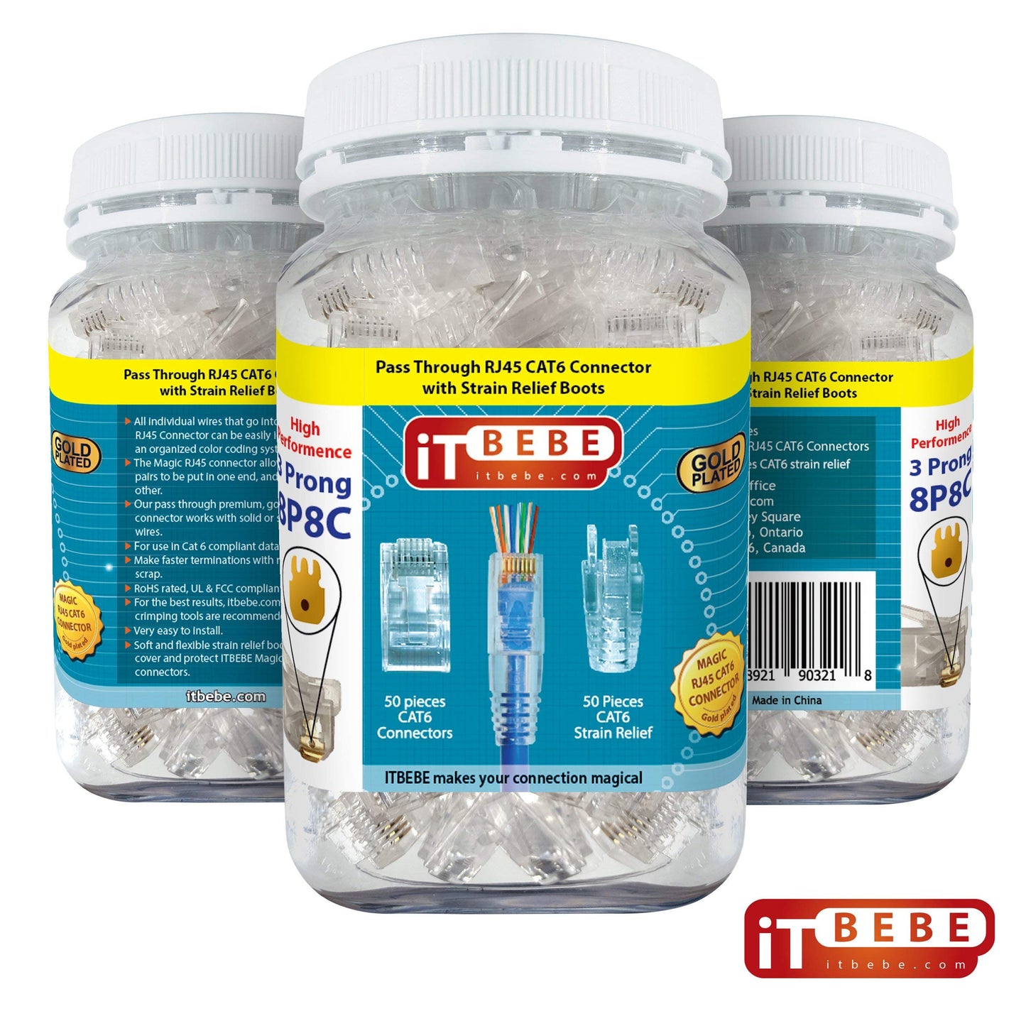 ITBEBE Gold Plated RJ45 Cat6 Pass Through Connectors (50) + Strain Relief Boots (50) – 8P8C UTP RJ45 Plug Ends for 24AWG Ethernet Cables, Easy Crimp, Network Connector Kit