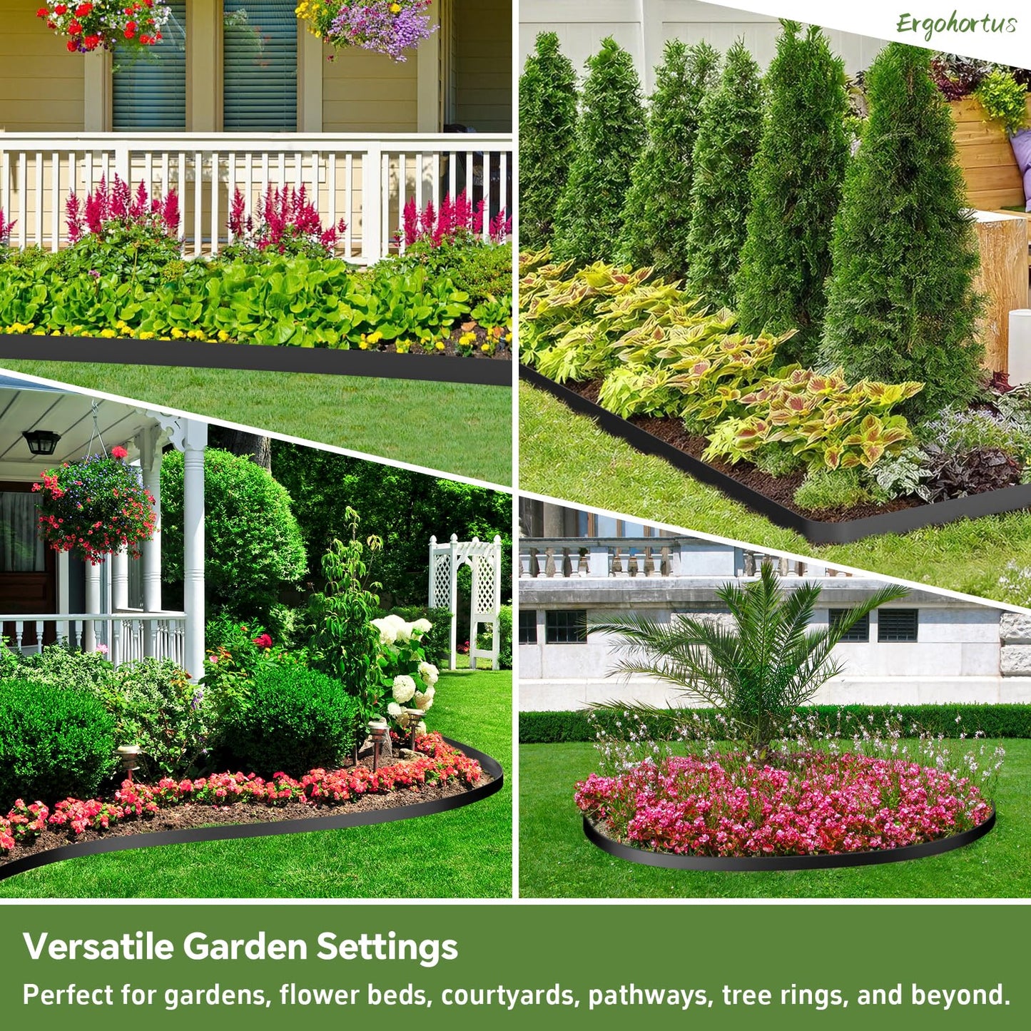 Ergohortus Garden Edging, 32ft Landscape Edging with 50 Pegs, Plastic Garden Edging Border with 5cm High, Flexible for Lawn Edging, Flower Beds Edging, Paver Edging, Grass, Black