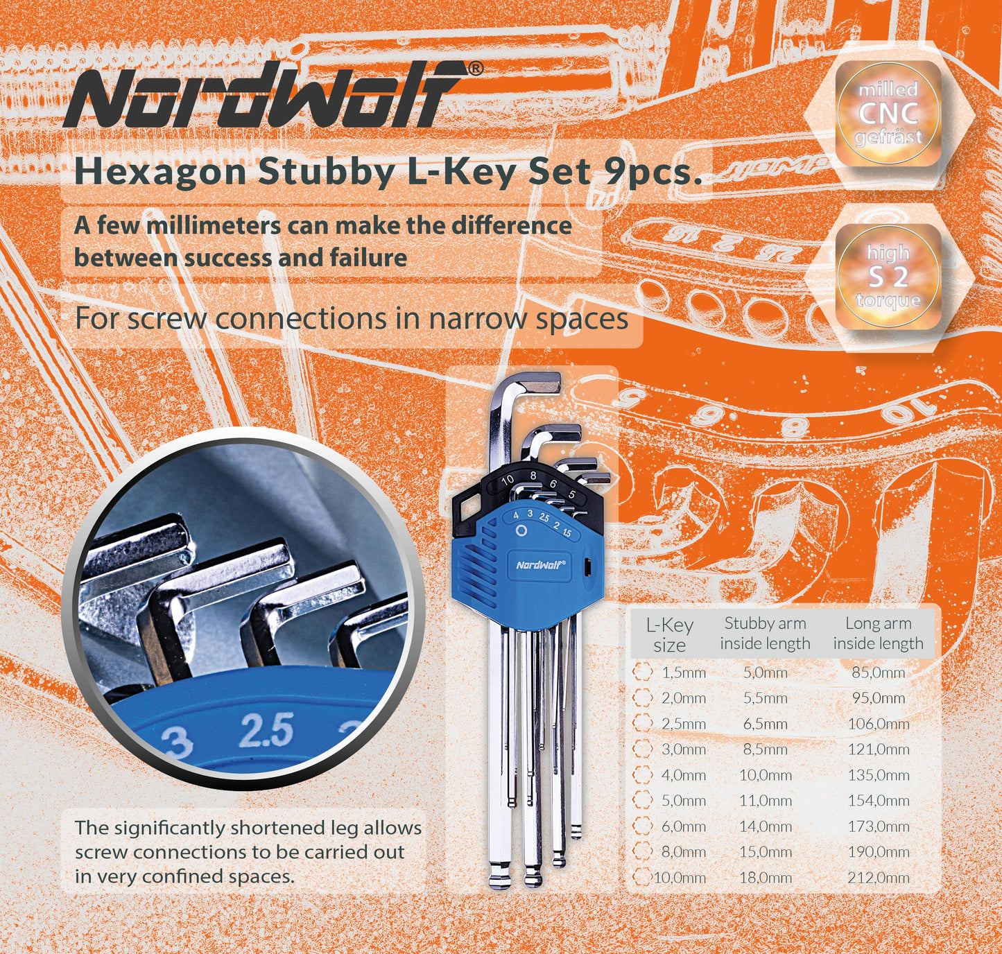 NordWolf 9-Piece Metric Stubby Allen Wrench Set, S2 Steel Long Arm Ball End Hex L-Keys, Sizes 1.5mm to 10mm