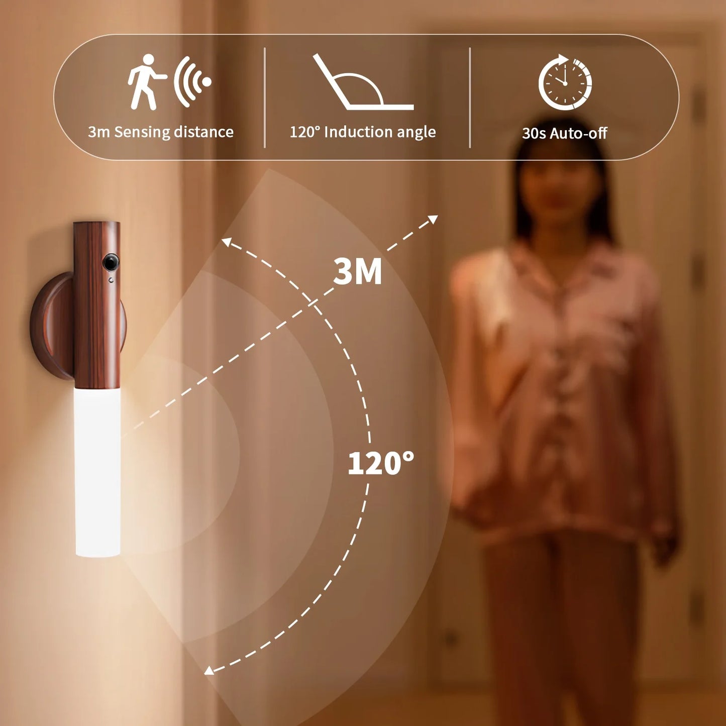 Intelligent Motion Sensor Night Light LED Rechargeable Wooden Magnetic Wall Lamp Atmosphere Human Body Sensing Cabinet Light