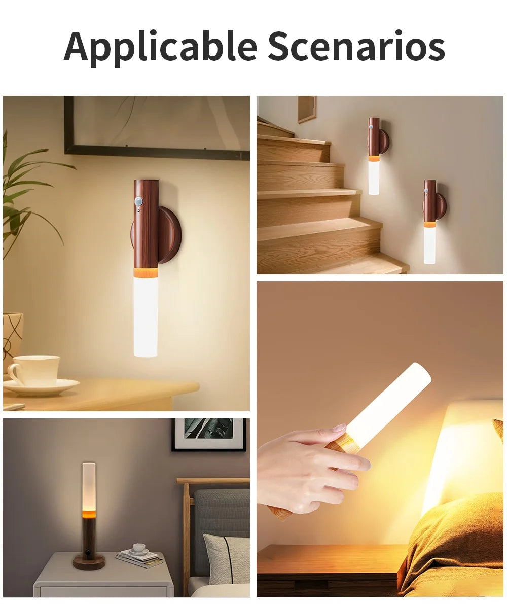 Intelligent Motion Sensor Night Light LED Rechargeable Wooden Magnetic Wall Lamp Atmosphere Human Body Sensing Cabinet Light