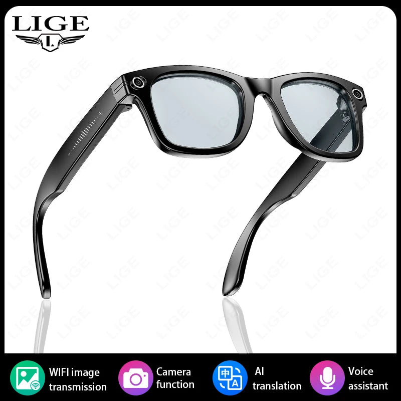LIGE New Photochromic Lenses Smart Glasses 800W Camera HD Video Recording Bluetooth Call Glasses AI Smart Translation Sunglasses