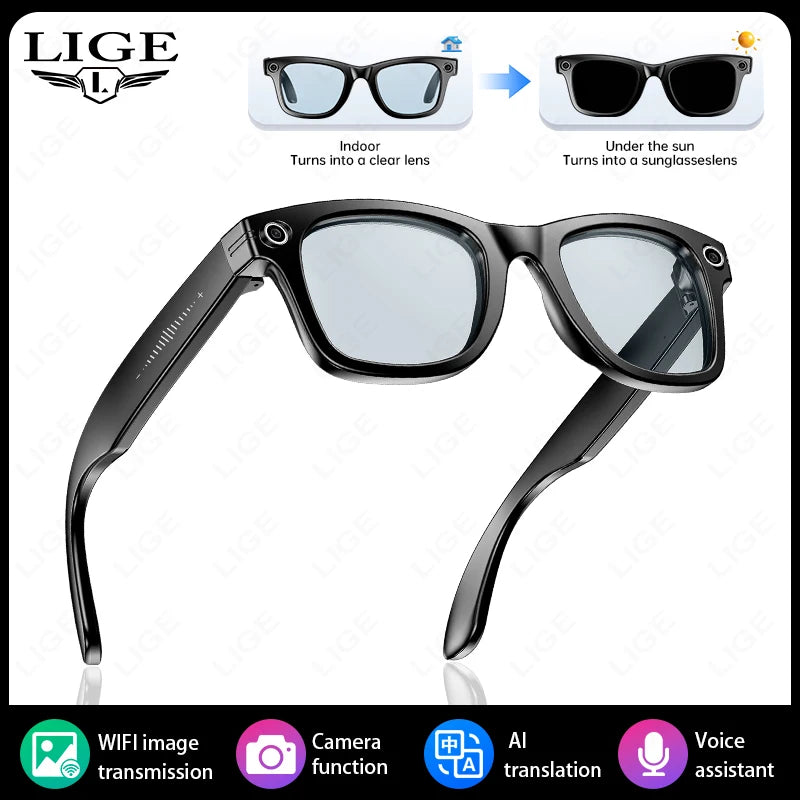 LIGE New Photochromic Lenses Smart Glasses 800W Camera HD Video Recording Bluetooth Call Glasses AI Smart Translation Sunglasses