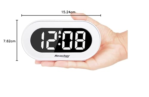 REACHER Small LED Digital Alarm Clock with Snooze, Simple to Operate, Full Range Brightness Dimmer, Adjustable Alarm Volume, Outlet Powered Compact Clock for Bedrooms, Bedside, Desk, Shelf(White)
