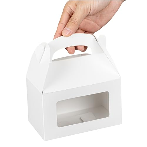 Restaurantware Gable Gift Boxes Pack of 100 Greaseproof Paper Treat Boxes 6 x 3.5 x 3.5 Inches With Window, Disposable Design White Containers for Weddings or Birthdays