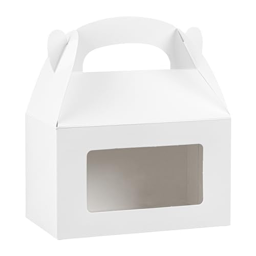 Restaurantware Gable Gift Boxes Pack of 100 Greaseproof Paper Treat Boxes 6 x 3.5 x 3.5 Inches With Window, Disposable Design White Containers for Weddings or Birthdays