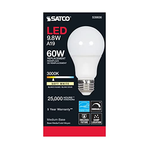 Satco S39836/06 9.8-Watt LED E26 Light Bulbs, 3000K, 25000 Hour Rating, Dimmable, 1 Count (Pack of 6)