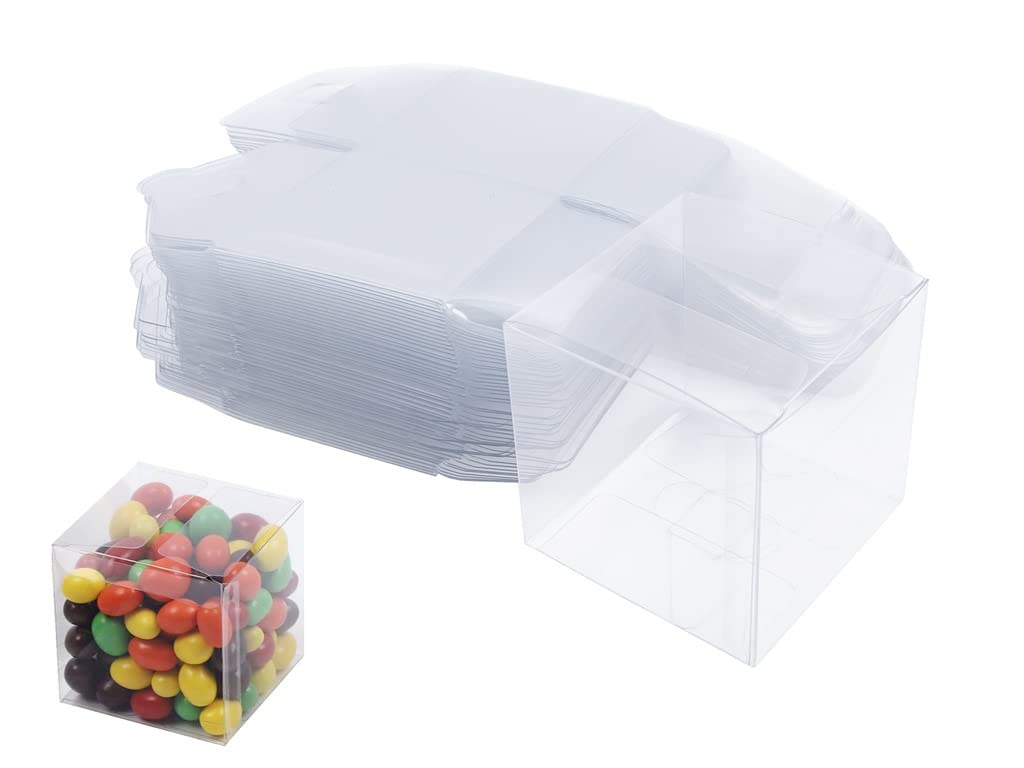 100Pcs Clear Favor Boxes, 2 x 2 x 2 Inch PET Transparent Cube Gift Boxes, Small Plastic Treat Box for Wedding Birthday Christmas New Year Party, Party Favours