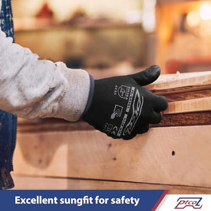 PTCOL PU Coated Work Gloves -12 Pairs Bulk Pack, Excellent Grip, Seamless Knit Nylon Safety Gloves with Polyurethane Coated for Touchscreen, Lightweight, Ideal for Light Duty Work (Large)