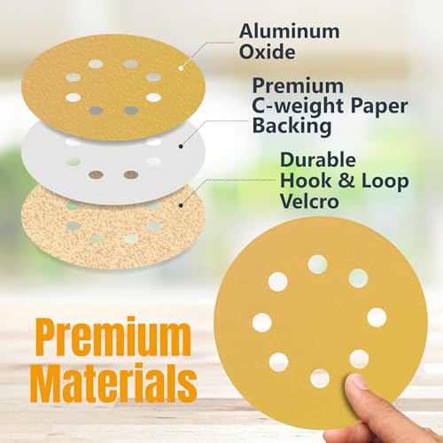 POWERTEC 50 PCS 100 Grit - 5 Inch 8 Hole Hook and Loop Sanding Discs, 5" Sanding Pads for Automotive, Drywall, Woodworking with Orbital Sander, Air, and DA Sander (44010G-50)