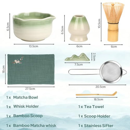 Ceecysaa Matcha Whisk Set, 7 Pcs Matcha Set, Matcha Kit for Ceremony, Matcha Tea Set for Making Breakfast/Matcha Latte, Matcha Whisk and Matcha Whisk and Bowl, As A Gift, Gradient Green