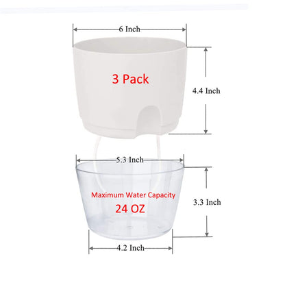 Self Watering Planters for Indoor Plants, 3 Pack 6 Inch African Violet Pots, Modern Decorative Flower Pots with Transparent Water Reservoir, Perfect for Indoor House Plants, Flowers (White)