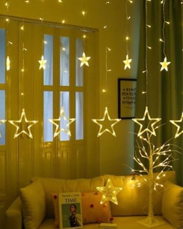 12 Stars 138 LED Curtain Lights, Christmas Outdoor Decor Window Curtain String Lights with 8 Flashing Modes Ramadan Decoration for Christmas, Wedding, Party, Home Bedroom Decorations (Warm White)