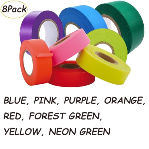 Aisetmoon 8 Pack Flagging Tape, Non Adhesive Marker Tape 1inch*800ft, Colorfast Survey Caution for Branches Boundaries, Trail Marking and Hazardous Areas Marking