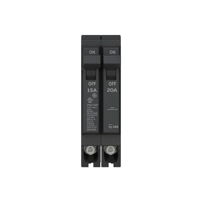ABB Q-Line THQLT1520 Tandem Circuit Breaker • 15A/1P & 20A/1P Dual Circuit Breaker for Single Slot • 120/240V, 10 kAIC • Space-Saving Plug-in Mount • Durable & Safe with Fixed Trip Settings