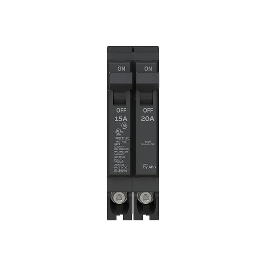 ABB Q-Line THQLT1520 Tandem Circuit Breaker • 15A/1P & 20A/1P Dual Circuit Breaker for Single Slot • 120/240V, 10 kAIC • Space-Saving Plug-in Mount • Durable & Safe with Fixed Trip Settings