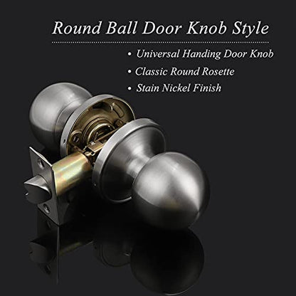 Probrico Brushed Nickel Passage Door Handles, Round Indoor Hallway Closet Door Knob, Keyless Interior Door Handles with Lock, 2Pack