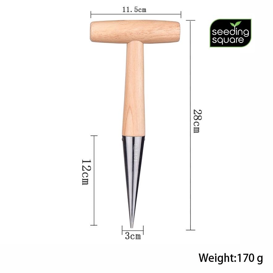 Pokey Planter by Seeding Square – Stainless Steel & Wooden Handle Garden Tool for Planting Garlic, Onions, Tulips, Daffodils, Lilies, & Transplanting Seedlings