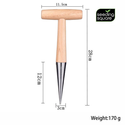 Pokey Planter by Seeding Square – Stainless Steel & Wooden Handle Garden Tool for Planting Garlic, Onions, Tulips, Daffodils, Lilies, & Transplanting Seedlings