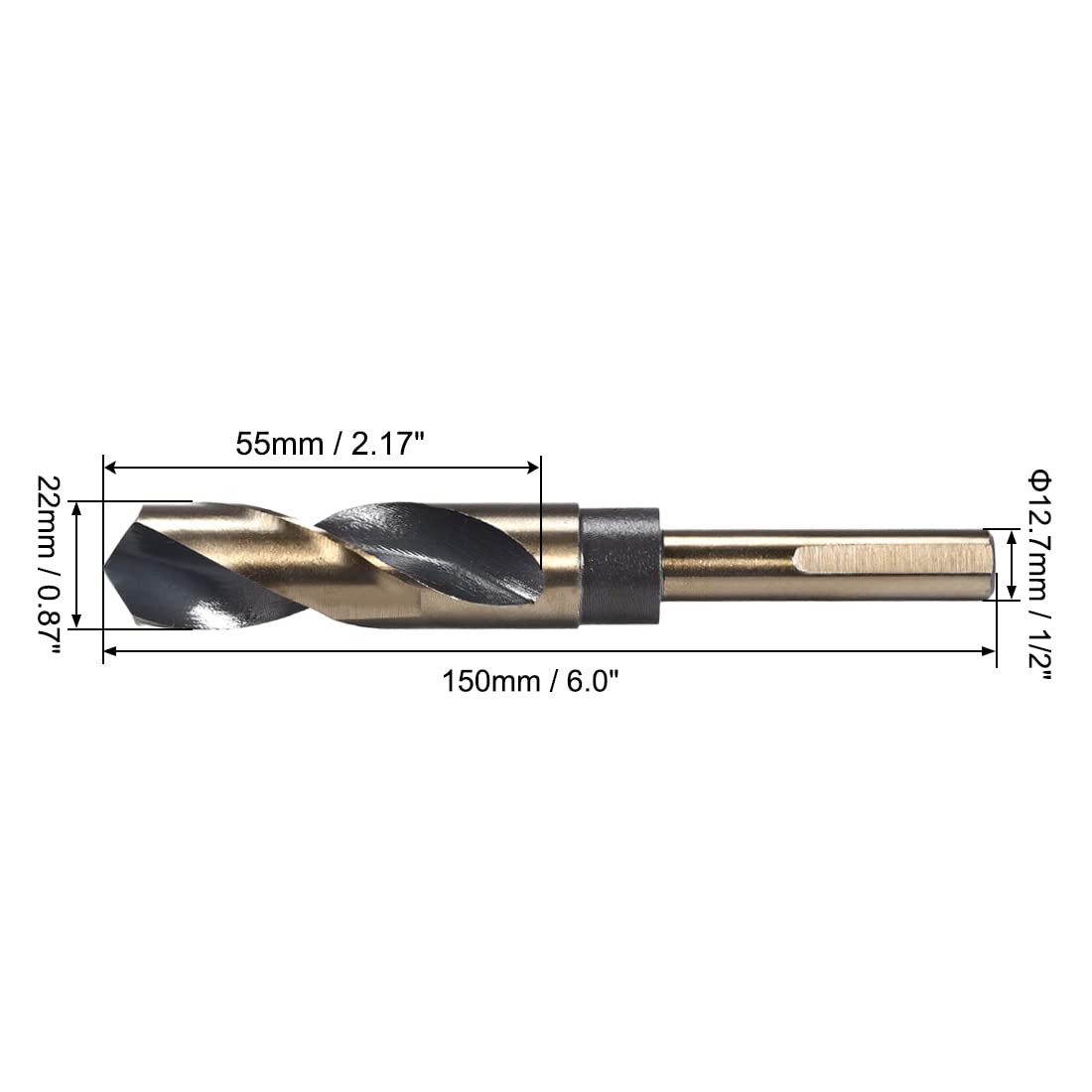 uxcell Reduced Shank Twist Drill Bits 22mm Black Nitride & Gold Titanium Coated High Speed Steel 4341 with 12.7mm (1/2") Shank for Stainless Steel Alloy Metal Plastic Wood