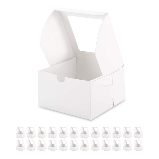 BAKIPACK 25 White Bakery Boxes with Window, 6x6x4 Inches Cake Boxes with Window, Treat Boxes for Small Bakery, Dessert, Candy, Cookies, Pastry, Party Favors, Wedding Cake
