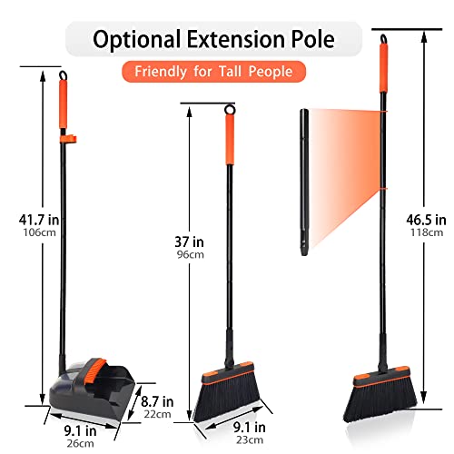 JEHONN Broom and Dustpan Set for Home, Long Handle Lightweight 180 Degree Rotating Broom Set Indoor, Upright Standing Dust Pan with Comb Teeth, Store Sweep Set for Room Kitchen Office Lobby