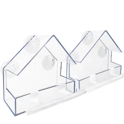 WLLKOO Window Bird Feeder 2 Pack, Bird House for Outside with 4 Rod, Small Acrylic Window Bird Feeder with Strong Suction Cups and Drain Holes 5.9 * 2.4 * 5.9 inch