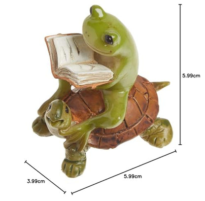 Top Collection Miniature Fairy Garden & Terrarium Frog Reading Book on Turtle Statue, Small, Green, Orange