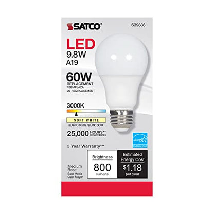 Satco S39836/06 9.8-Watt LED E26 Light Bulbs, 3000K, 25000 Hour Rating, Dimmable, 1 Count (Pack of 6)