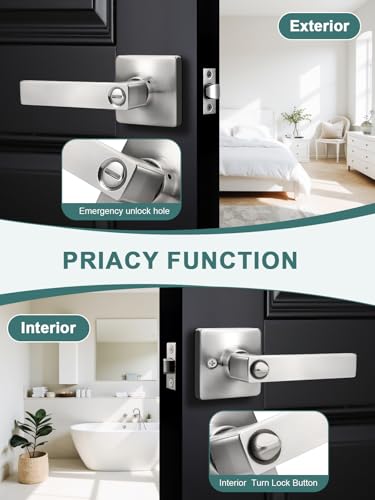 GOBEKOR 1 Pack Square Satin Nickel Privacy Door Lever,Keyless Door Handle Interior Use,Bathroom/Bedroom Door Lock (Thumb Turn,No Key),Reversible for Right or Left Side Door Handle Lock