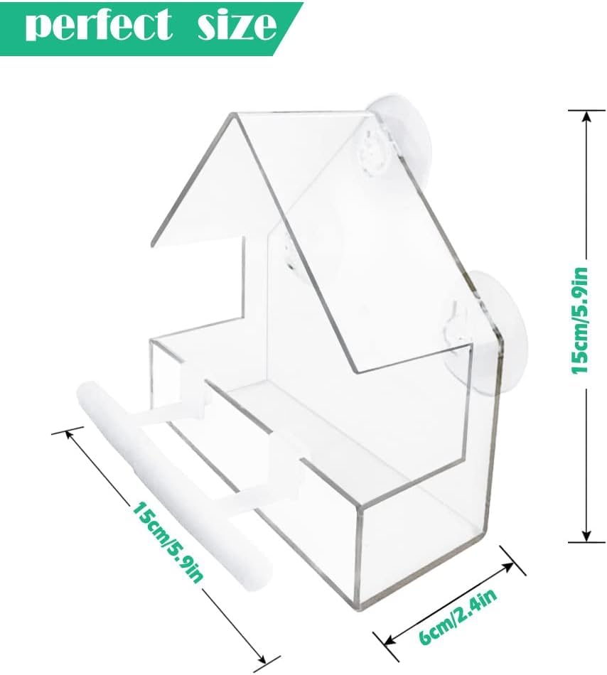 WLLKOO Window Bird Feeder 2 Pack, Bird House for Outside with 4 Rod, Small Acrylic Window Bird Feeder with Strong Suction Cups and Drain Holes 5.9 * 2.4 * 5.9 inch