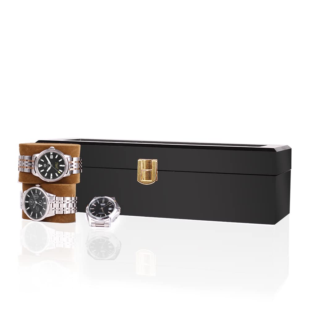 Baskiss 6 Slots Watch Box for Men, Solid Wood Luxury Display Storage Case Jewelry Organizer with Clear Top for Anniversary, Wedding, Birthday