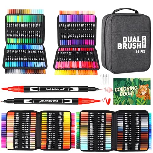 144 Colouring Markers Pens for Adults, Lainergie Dual Tip Brush Pens, Felt Tip Pens Art Set with Coloring Books for Artists Writing, Drawing, Painting, Sketching, Calligraphy