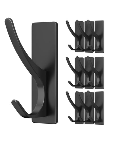 10 Pack Self Adhesive Coat Hooks for Hanging: Heavy Duty Stainless Wall Hook for Towel, Utensil, Backpack, Hat, Sturdy Metal Hanger for Bathroom, Kitchen, Door, Matt Black