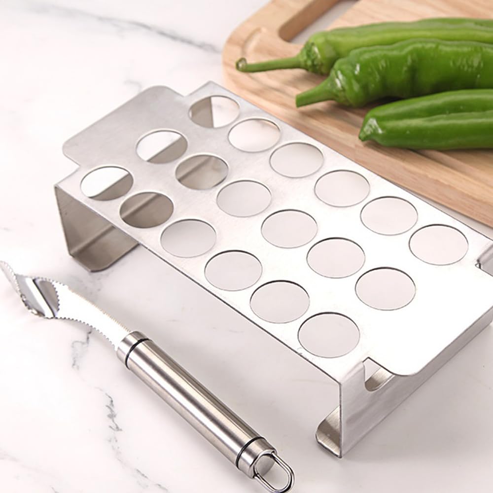 2 Pcs Stainless Steel Chili Grills with 2 Jalapeno Corer Tools, Outdoor BBQ Non-Stick Grills, Jalapeno Popper Holder for Grills, Perfect for Cooking Chili, Chicken Legs, 18 Funnel Holes Grill Tools