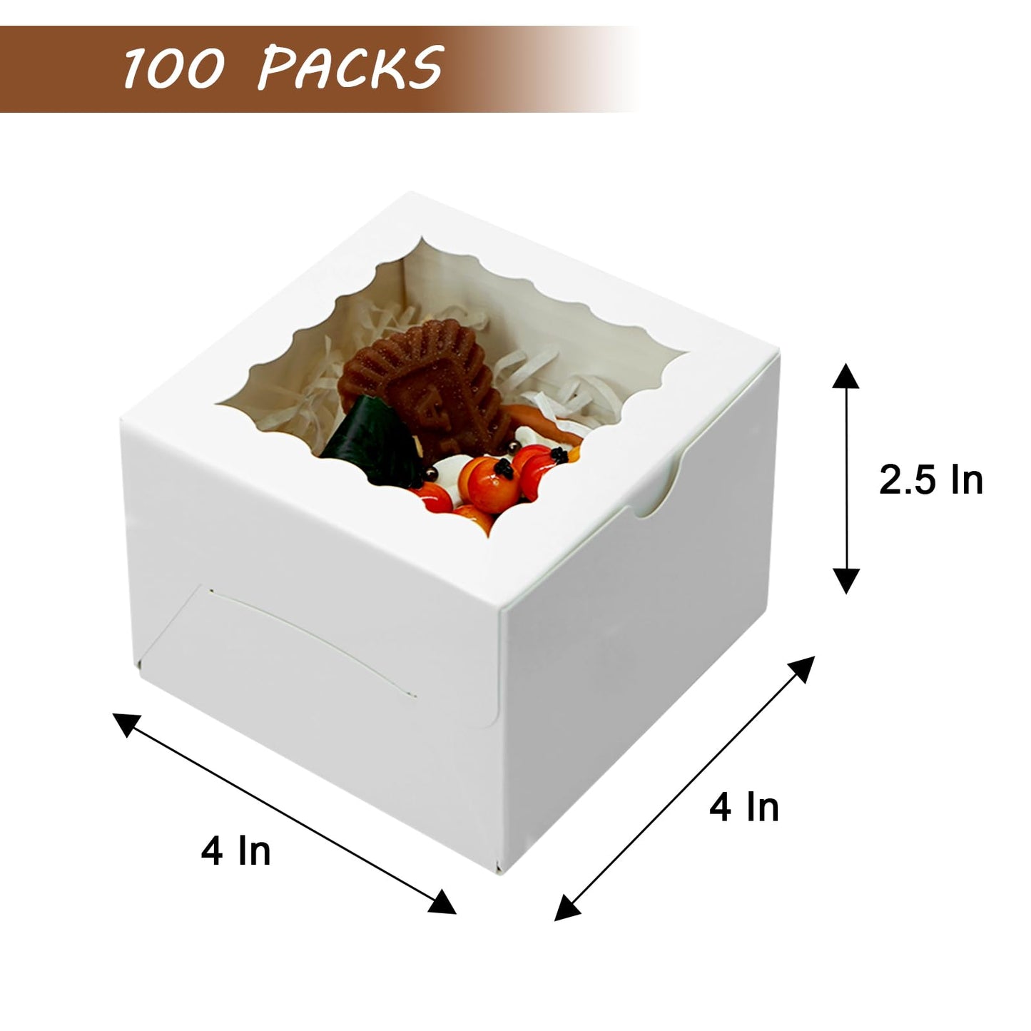 XINHPKGG 100pcs Cookie Boxes 4x4x2.5 Inch Bakery Boxes with Window Treat Box Dessert Box for Wedding Favors Party Mother's Day - White
