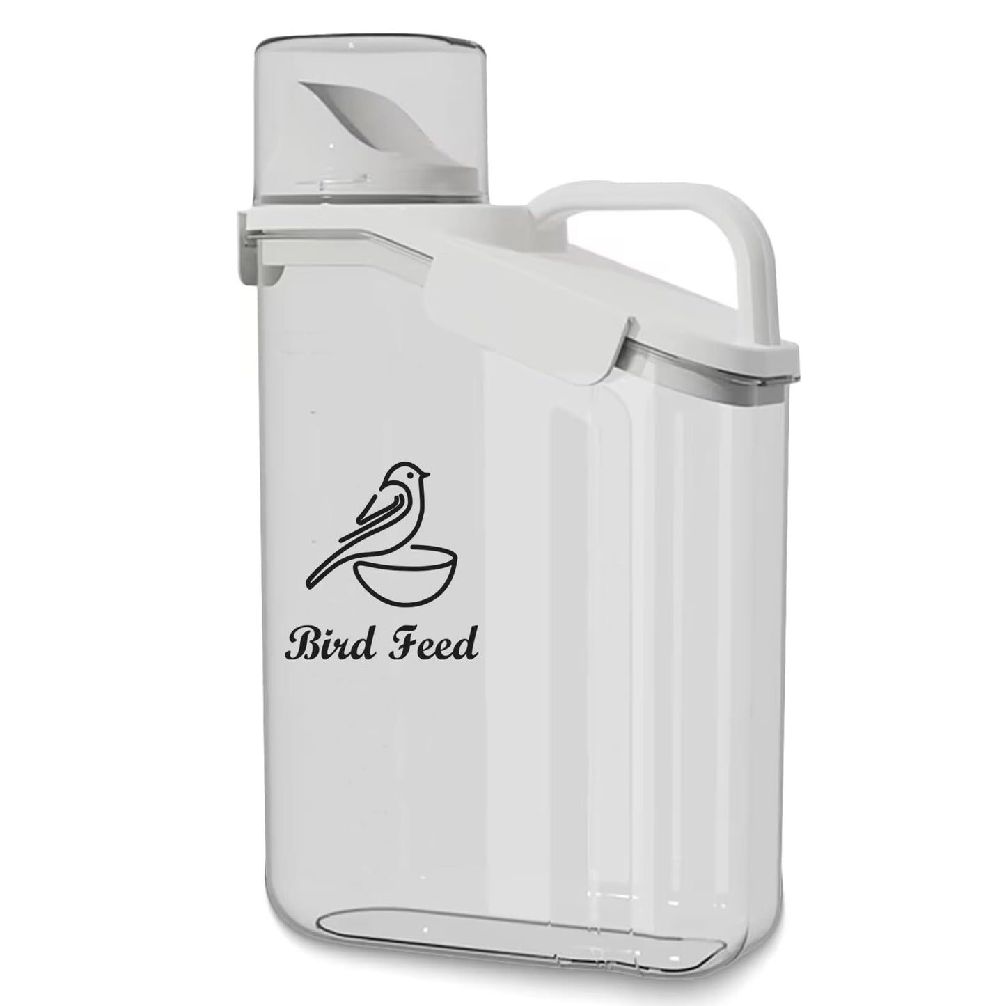 Brabtod Bird Seed Storage Container Portable-3 Qt/2.8 L Clear Plastic Pet Food Container-with Measuring Cup,Airtight Wild Bird Seed Dispenser for Storing Sunflower Seed|Squirrel proof|BPA Free-White