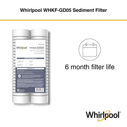 Whirlpool 10" x 2.5" Whole Home Standard Capacity Sediment Filters WHKF-GD05, 5 Micron, 6-Month Filter Life, Reduces Sediment, Sand, Soil, Silt & Rust, for Standard Filter housings, 2-Pack