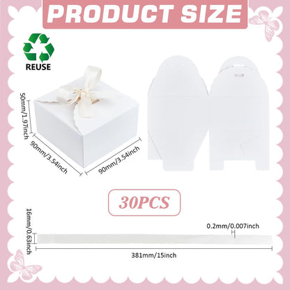 PH PandaHall 30pcs Gift Boxes White Paper Box Small Party Favor Box Gift Packaging Boxes with Ribbon for Valentine's Day Christmas Wedding Gifts, 3.5x3.5x2inch