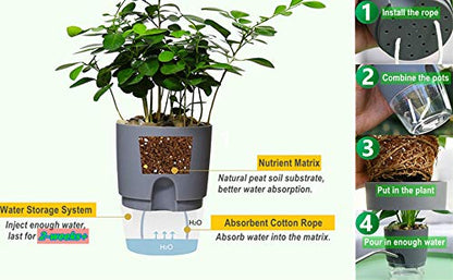 Self Watering Pots for Indoor Plants, ETGLCOZY 5 Pack 6/4.1/3.2 Inch Flower Pot Modern Decorative Plastic Planter with Extra Large Water Storage for All House Plants, Flowers, Herbs