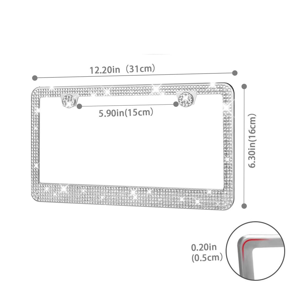 2Pack Bling License Plate Frame Holer, Sparkly Rhinestone License Plates Cover Holder with Gift Box and 1000 pcs Waterproof Rhinestones, Fits All License Plates in Canada (Bling White)