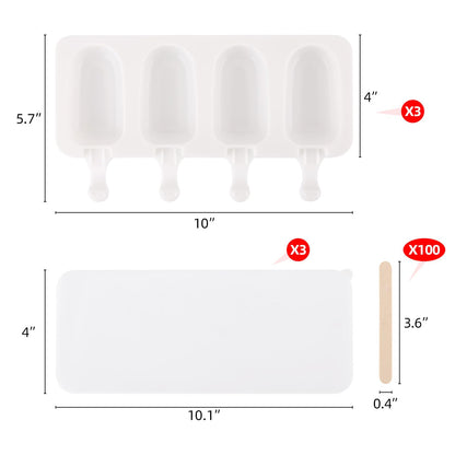 3 Set Popsicles Molds with Lids and 100 Pcs Wooden Popsicles Sticks, Standard Size 4 Cavities Silicone Ice Pop Molds for Making Cakesicles, Cake Pops, Ice Cream - BPA Free
