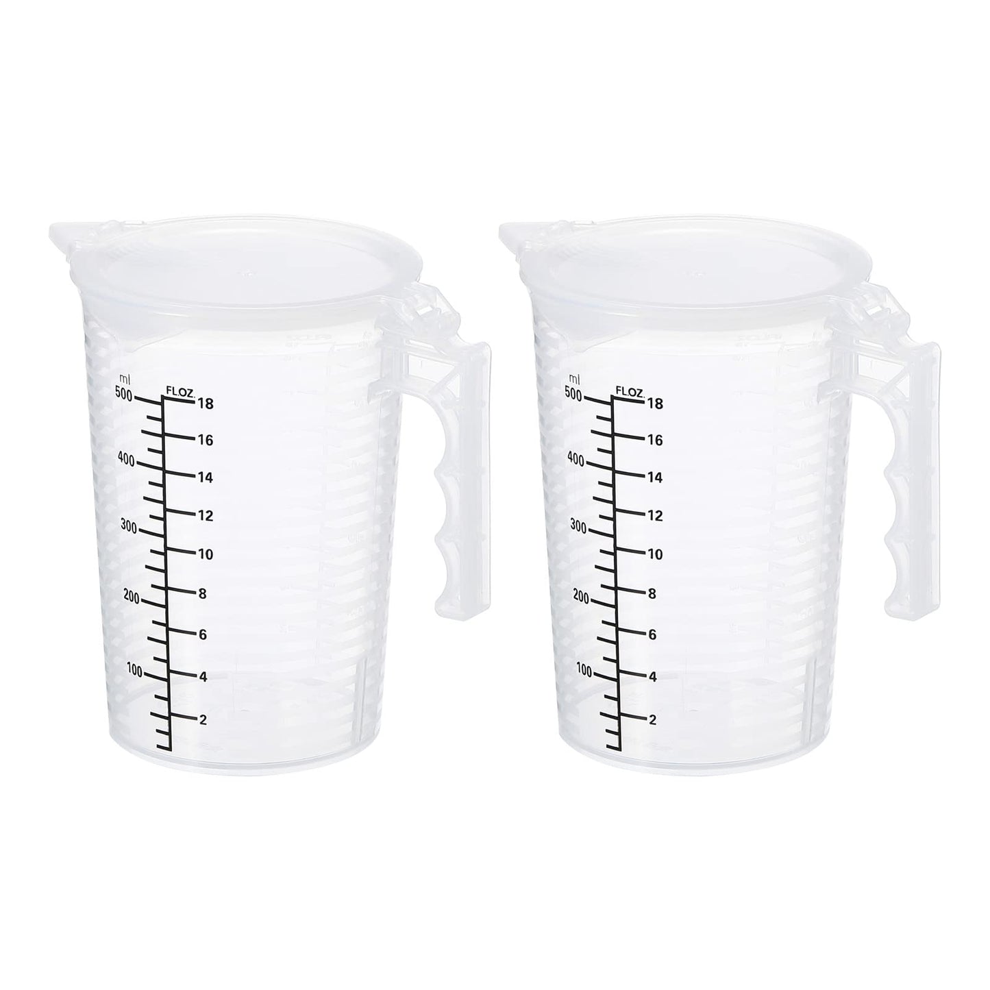 PATIKIL Graduated Beaker, 2 Pack 500ml PP Plastic Liquid Measuring Cup Double Sided Black Graduations with Handle Lid and Spout for Lab Kitchen Home