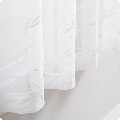 Sheer Curtains White 54 Inches Long Floral Embroidery Rod Pocket Voile Drapes for Living room, Bedroom, Window Treatments Semi Lace Outdoor Curtain Panels for Patio, Lawn, Garden, Set of 2, 52"x 54".