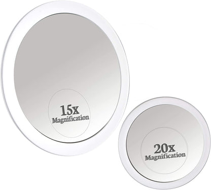 15X & 20X Magnifying Mirror Set - Two Round Circle Magnifying Make Up Mirrors with Suction Cups - Compact & Portable for Travel - 15cm & 10cm