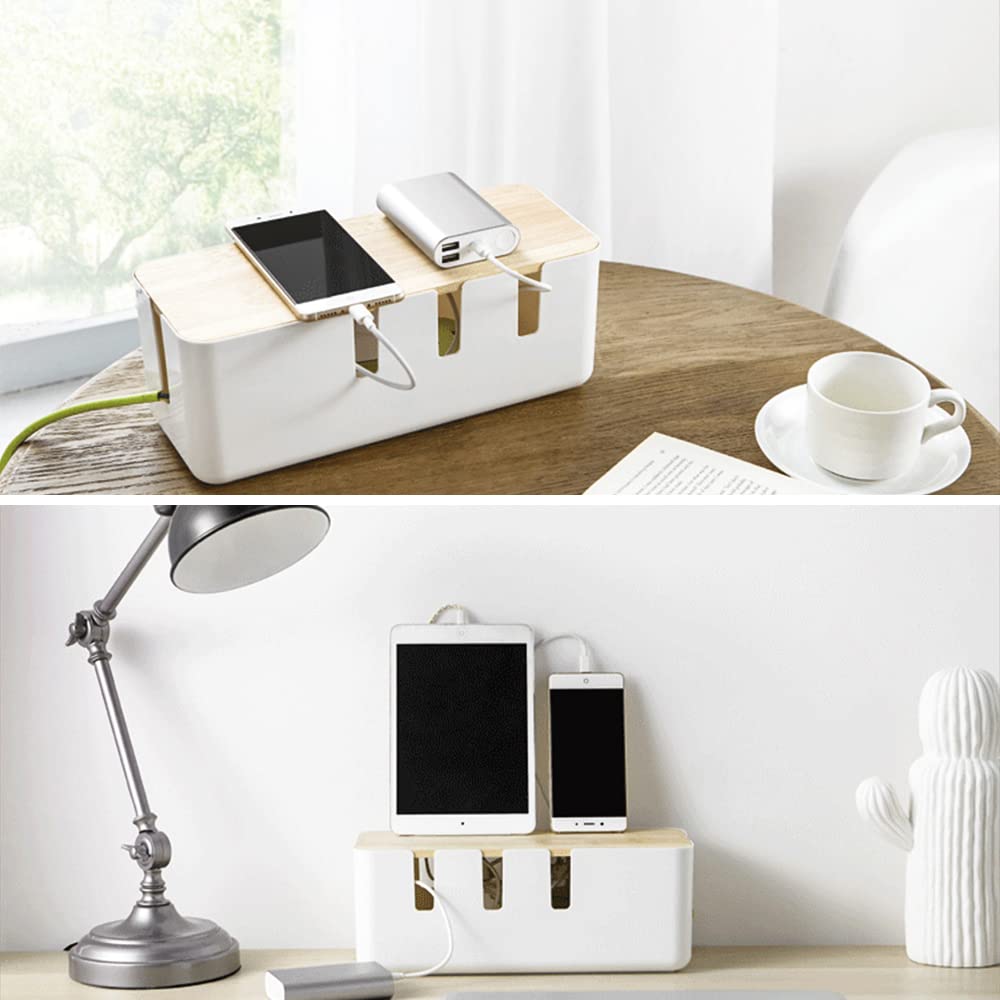 Cable Management Box by Baskiss, 12"x5"x4.5", Wood Lid, Cord Organizer for Desk TV Computer USB Hub System to Cover and Hide & Power Strips & Cords
