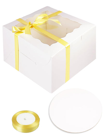 qiqee 6x6x5 Cake Box, 18 Sets White Cake Box with Window ＆ 18 Sets 6" White Cake Round Boards, 6inch Cake Containers & 10 Meters Gold Silk Ribbon