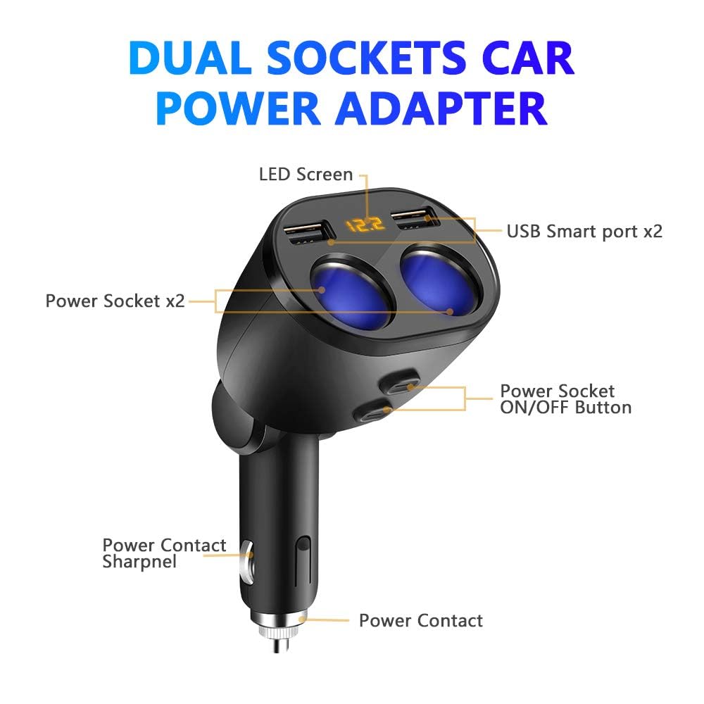 Rocketek USB Car Charger Splitter Adapter, 2 Socket Cigarette Lighter Multi Power Outlet 12V/24V 120W DC with LED Voltmeter Switch Dual USB Port for Mobile Phone Tablet GPS Dash Cam Samsung Tomtom